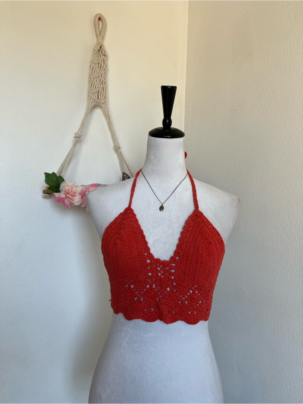 Orangish Red Crochet Halter Crop Top size small